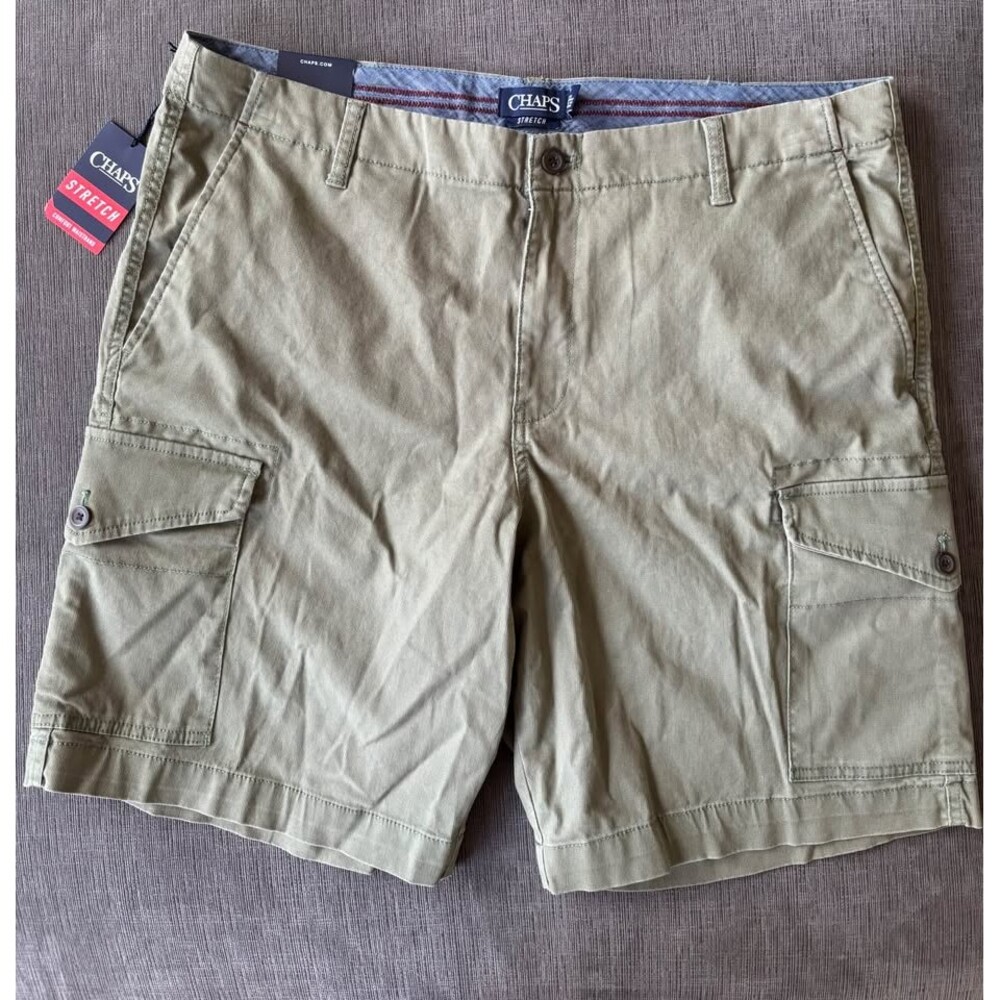 NWT Chaps Men's Stretch Cargo Shorts Khaki Green 38 Flat Front